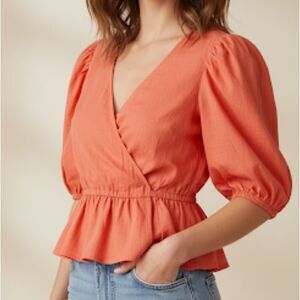 ABOUND Womens Peasant Top Coral Camelia Puff Sleeve Faux Wrap Ruffle Hem XS
